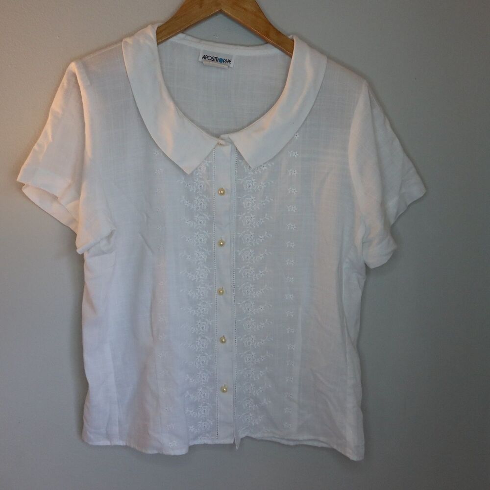 Apostrophe Blouse Vintage Womens Size 12 White Short Sleeve Embroidered